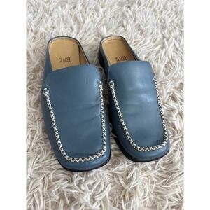 GLACEE Women Blue Leather Square Toe Mules Slip On Loafers‎ Size 6M
